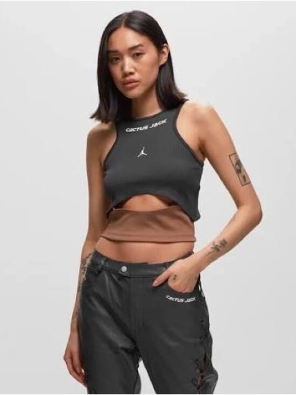 Cactus Jack x Jordan Black Ribbed Cutout Crop Tank with Brown Layer